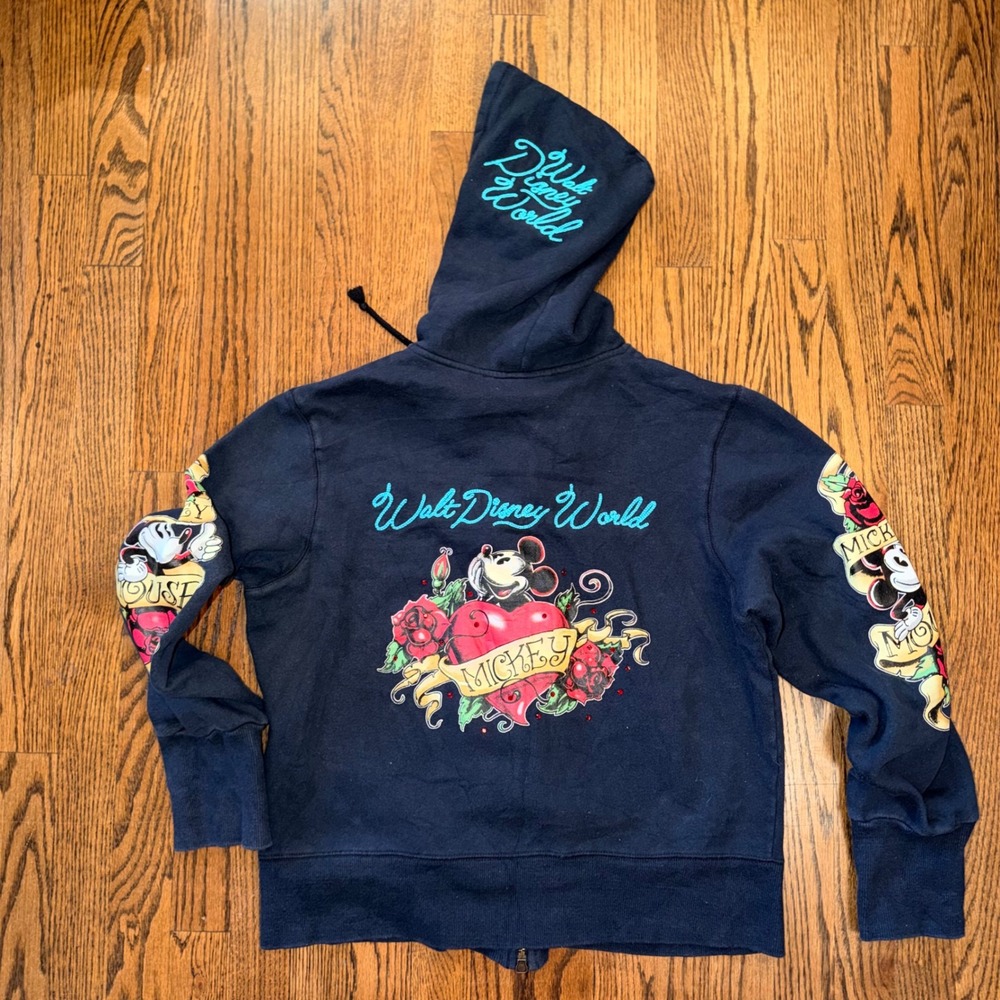 Disney Mickey Mouse Tattoo Rose Zip Hoodie XL Kids Fits Adult Small Black - Picture 8 of 12